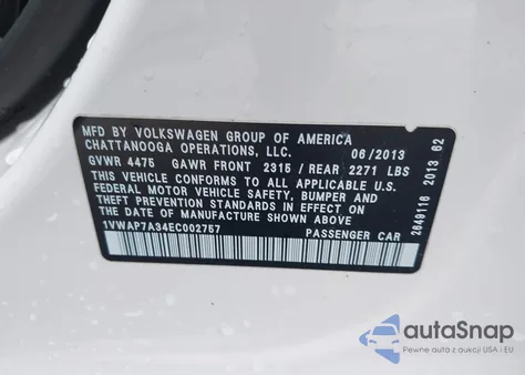2014 Volkswagen Passat 2.5L Wolfsburg Edition из США, поврежденный, VIN 1VWAP7A34EC002757